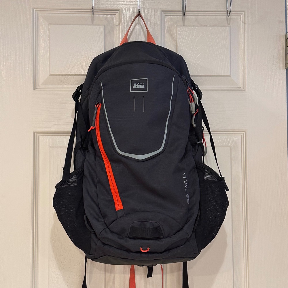REI Black Backpack with Orange Accents